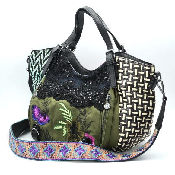 Desigual Large Patchwork Bag Embroidered Textured Fabric Convertible Tote - Picture 5 of 16